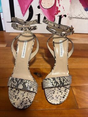 Diane Von Furstenberg Black and Gray Snake-Print Strappy Heels